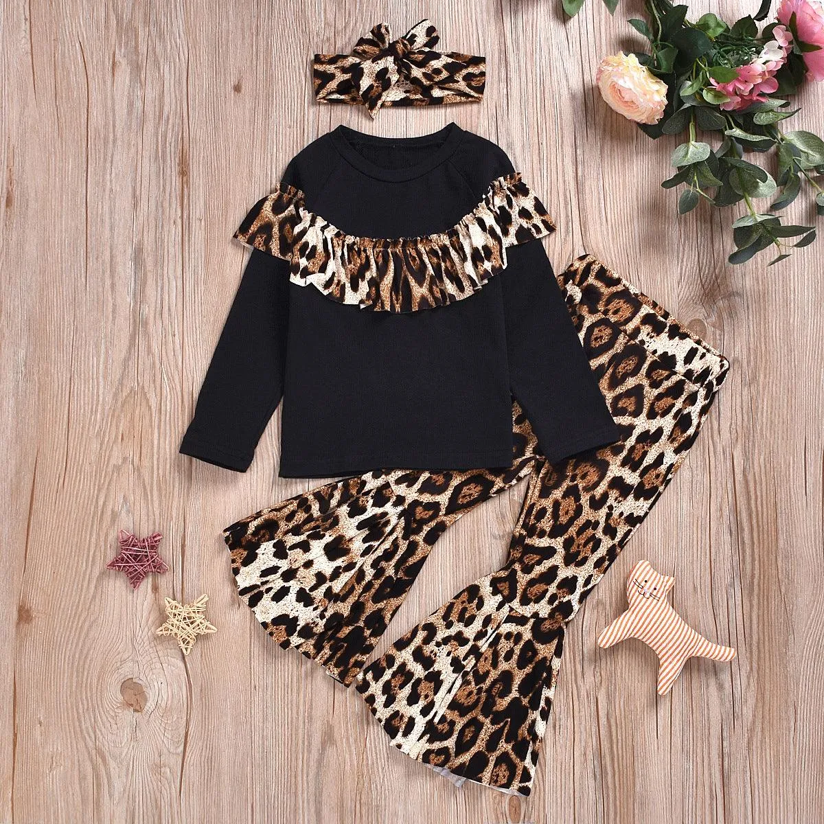 2-piece Ruffle Long Sleeve T-shirt & Leopard Flares for Baby Girl
