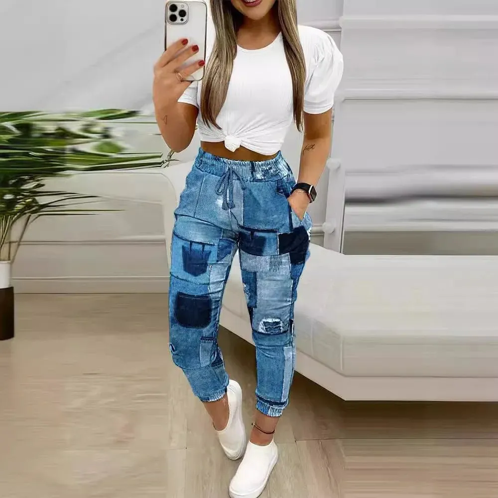 2PC Chic Office Attire: Casual Loose Round Neck Set with Letter Print - Fashionable Shirt and Trousers