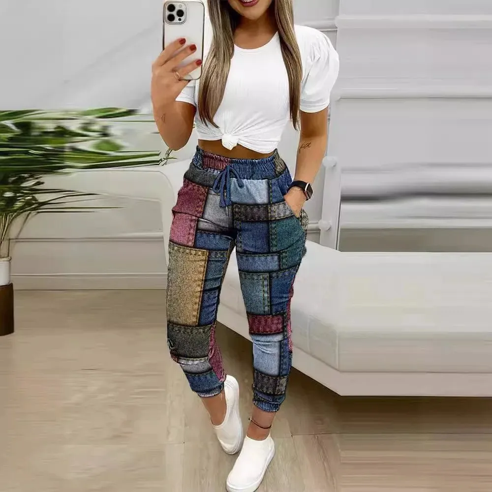 2PC Chic Office Attire: Casual Loose Round Neck Set with Letter Print - Fashionable Shirt and Trousers