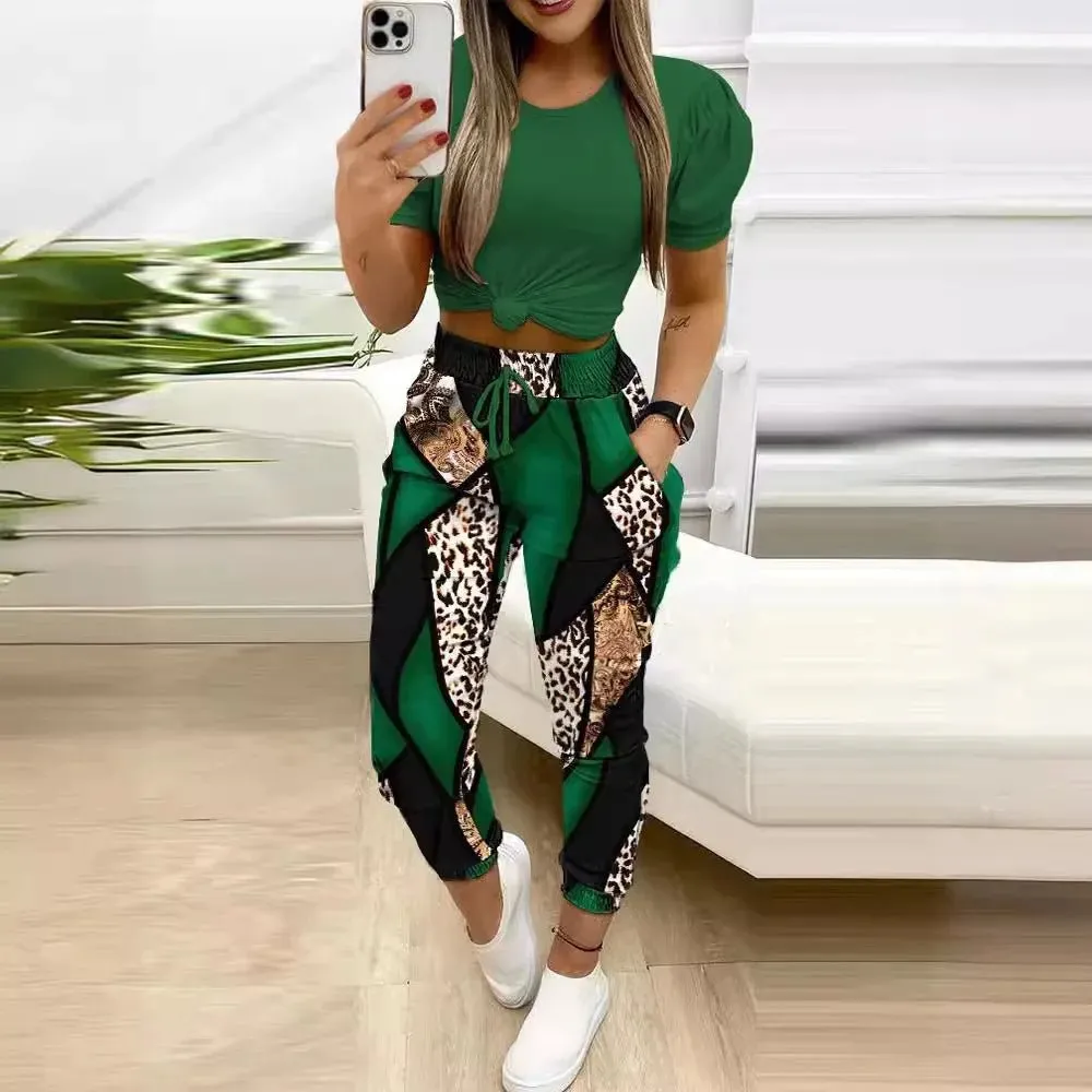 2PC Chic Office Attire: Casual Loose Round Neck Set with Letter Print - Fashionable Shirt and Trousers