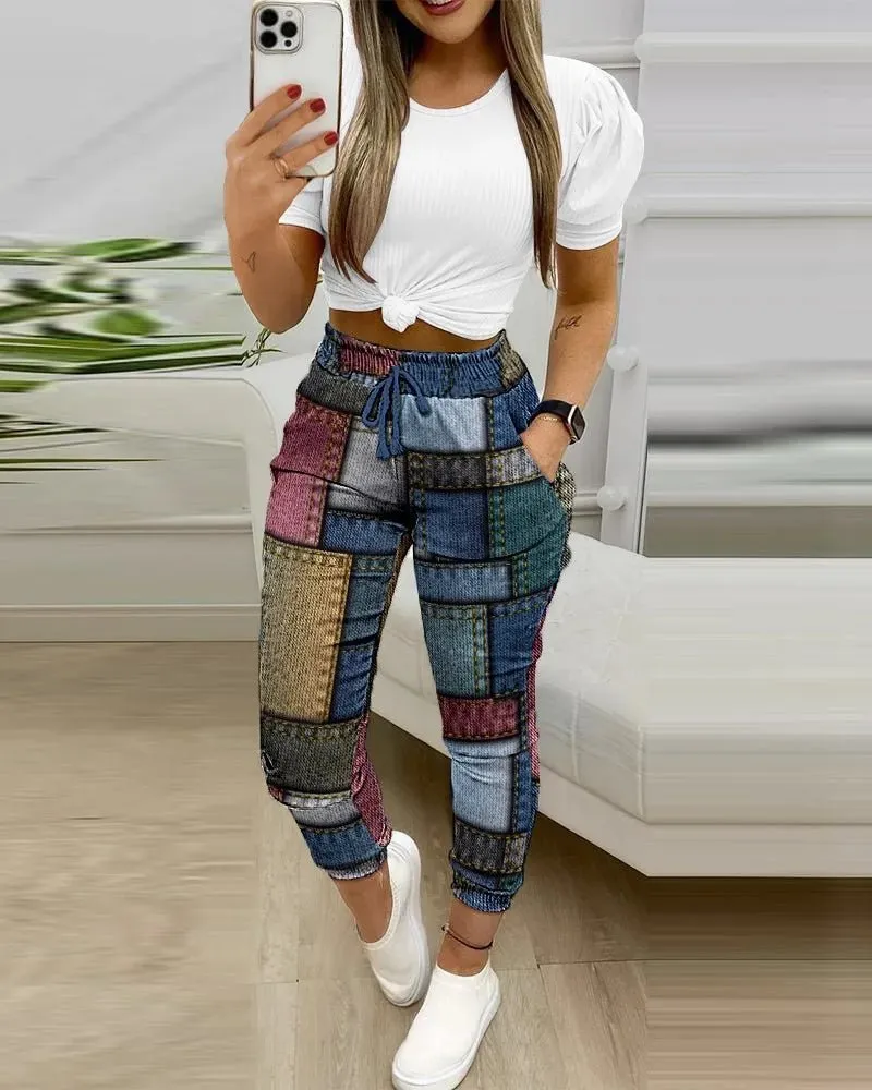 2PC Chic Office Attire: Casual Loose Round Neck Set with Letter Print - Fashionable Shirt and Trousers