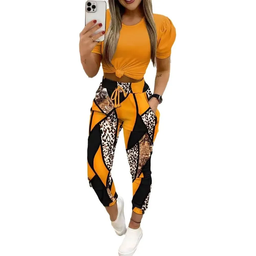 2PC Chic Office Attire: Casual Loose Round Neck Set with Letter Print - Fashionable Shirt and Trousers