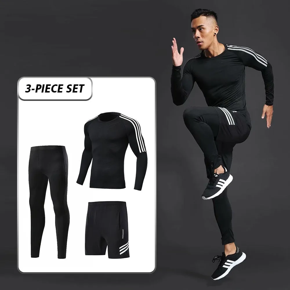 3pcs / Set Workout Male Sport Suit Gym Compression Clothes Fitness Running Jogging Sport Wear Exercise Workout Tights