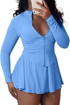 Adogirl Womens Sexy Flared Tennis Skirt Sets Slim Zip Up Jacket 2 Piece Outfits Athletic Matching Mini Dress with Shorts