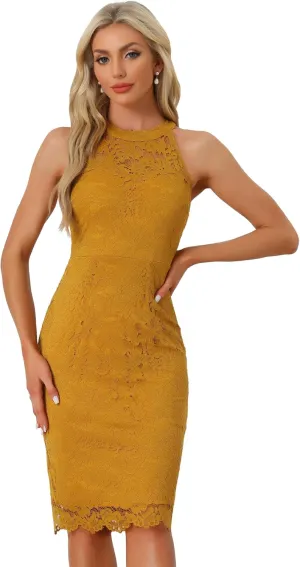 Allegra K Halter Formal Dress for Women's Sleeveless Bodycon Wedding Guest Cocktail Lace Sheath Dress