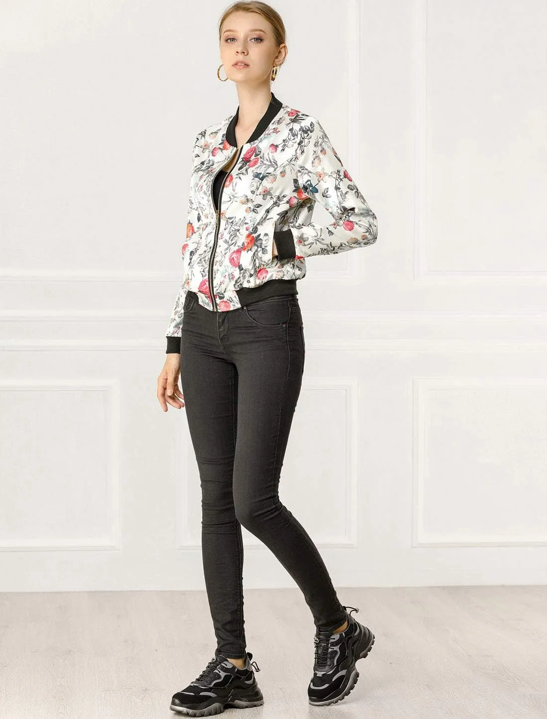 Allegra K Women's Bomber Jacket Long Sleeve Casual Coat Zipper Floral Print Outwear Tops Windbreaker with Pocket