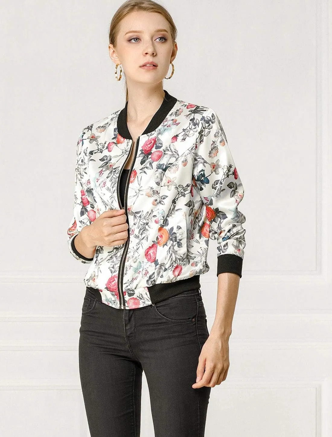 Allegra K Women's Bomber Jacket Long Sleeve Casual Coat Zipper Floral Print Outwear Tops Windbreaker with Pocket