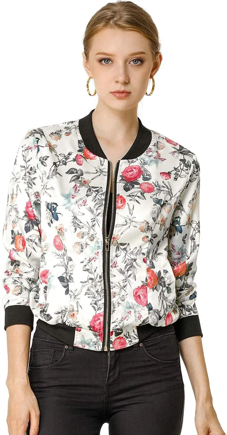Allegra K Women's Bomber Jacket Long Sleeve Casual Coat Zipper Floral Print Outwear Tops Windbreaker with Pocket