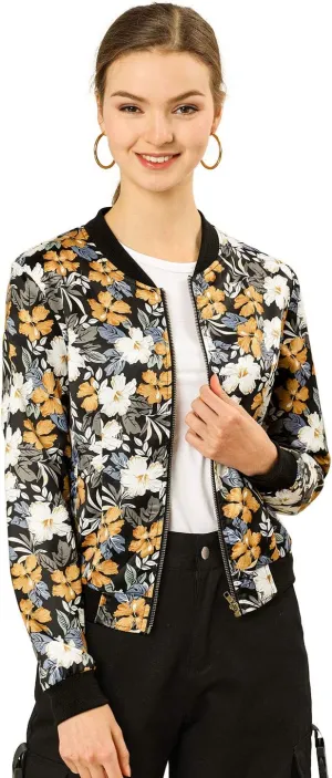 Allegra K Women's Bomber Jacket Long Sleeve Casual Coat Zipper Floral Print Outwear Tops Windbreaker with Pocket
