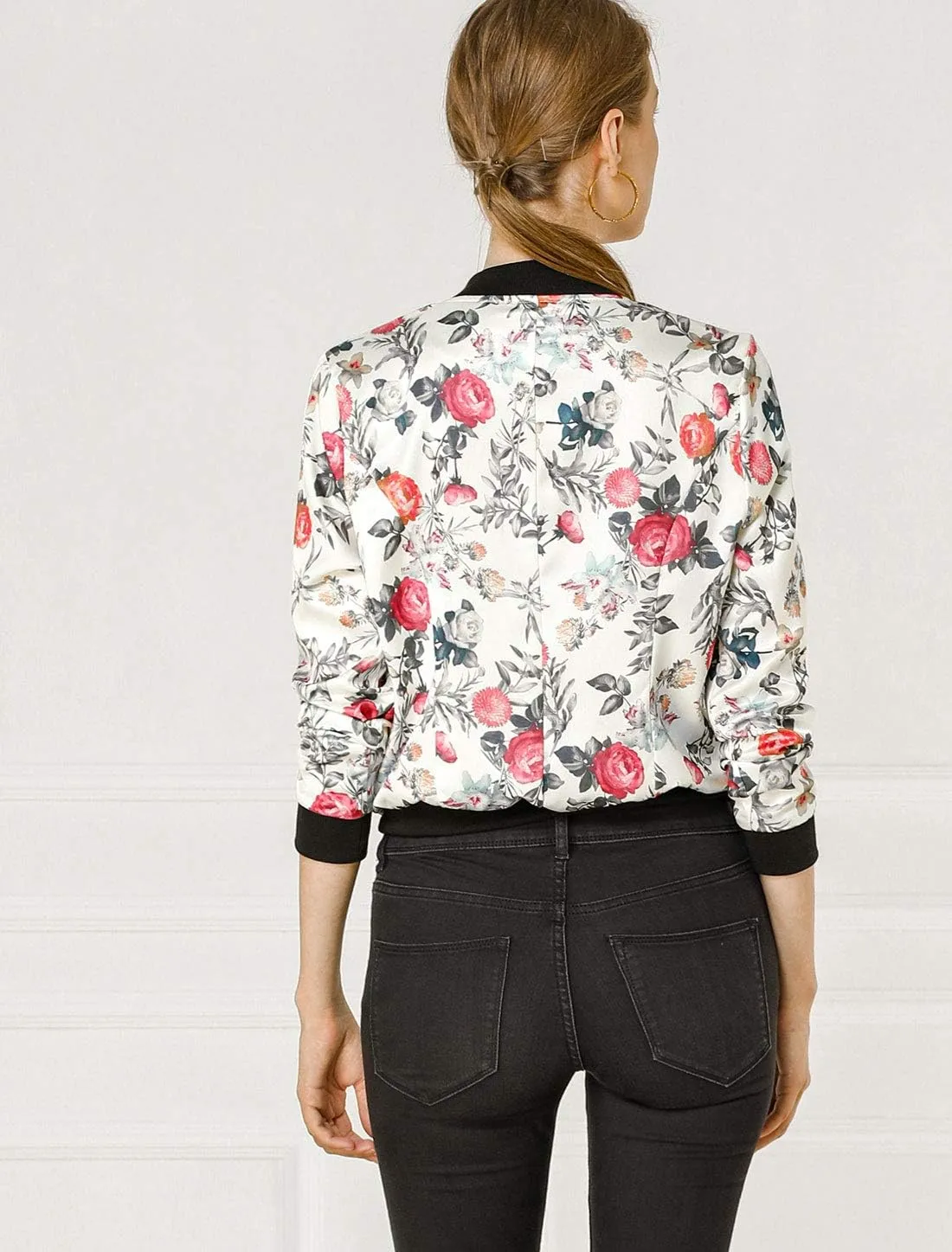 Allegra K Women's Bomber Jacket Long Sleeve Casual Coat Zipper Floral Print Outwear Tops Windbreaker with Pocket