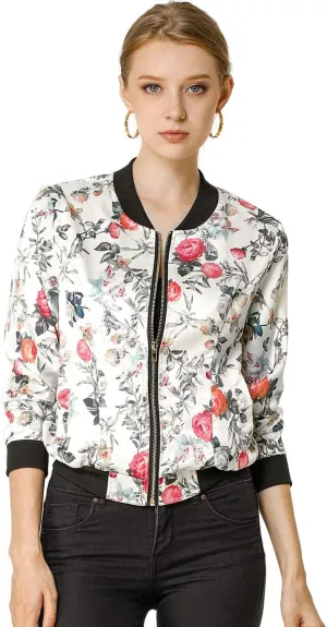 Allegra K Women's Bomber Jacket Long Sleeve Casual Coat Zipper Floral Print Outwear Tops Windbreaker with Pocket