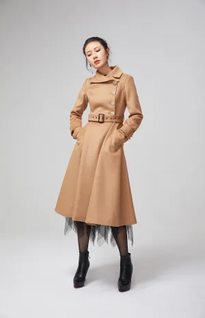 Asymmetrical brown warm wool coat with belt 2204#