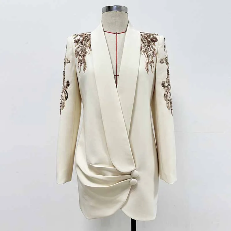 Beading-Embellished Blazer Dress Off-Shoulder Mini Dress