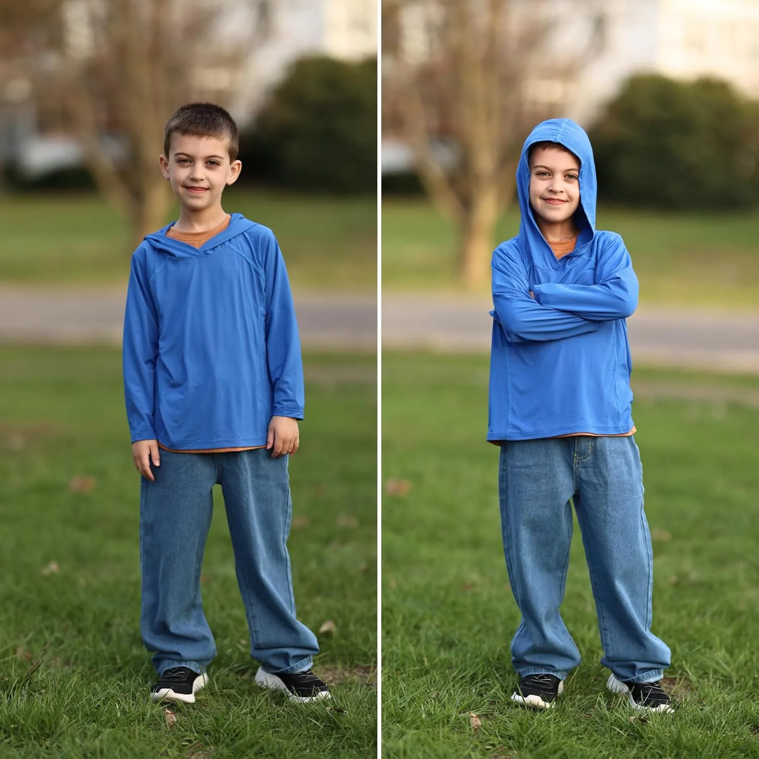BIG ELEPHANT 2 Pack Boys Athletic Hoodie Mesh Moisture Wicking Active Performance Long Sleeve T Shirt Quick Dry Fit Pullover