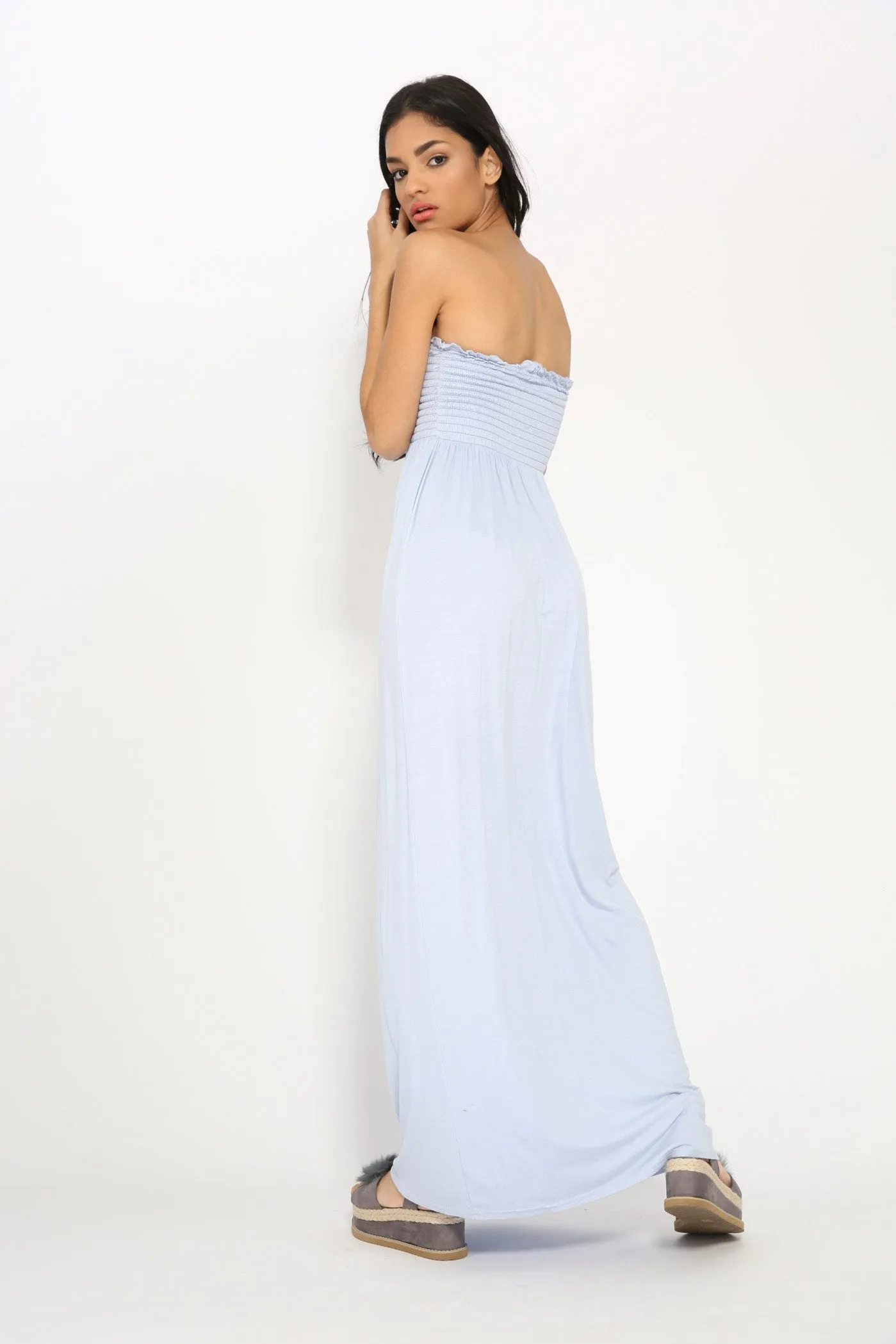 Blue Shirring Bandeau Maxi Dress