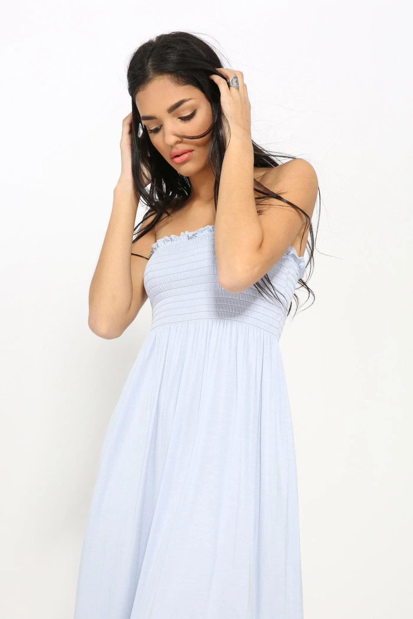 Blue Shirring Bandeau Maxi Dress