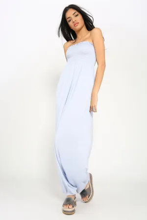 Blue Shirring Bandeau Maxi Dress