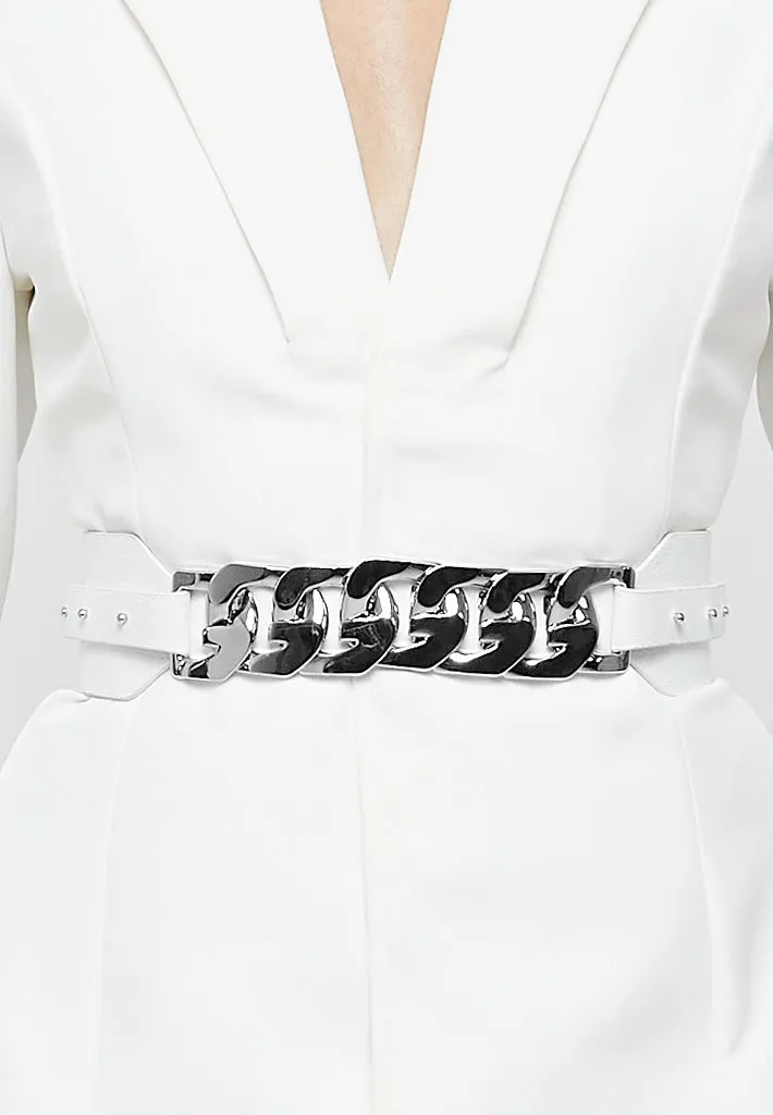 Chain Belted Blazer Dress - White