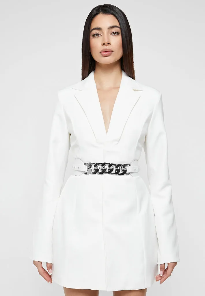 Chain Belted Blazer Dress - White
