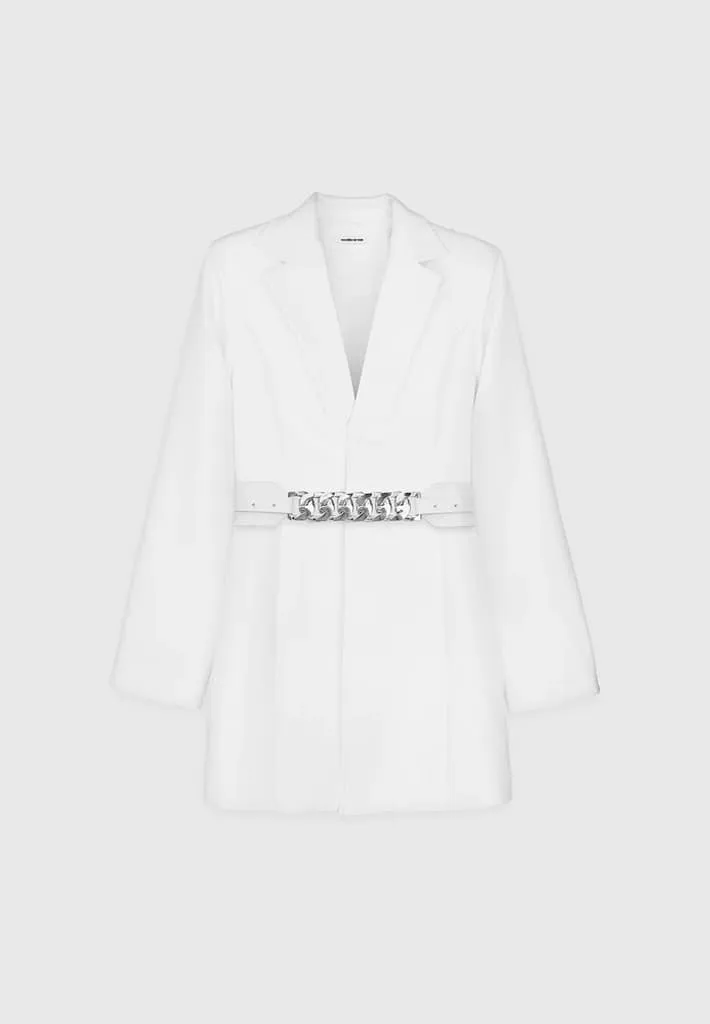 Chain Belted Blazer Dress - White