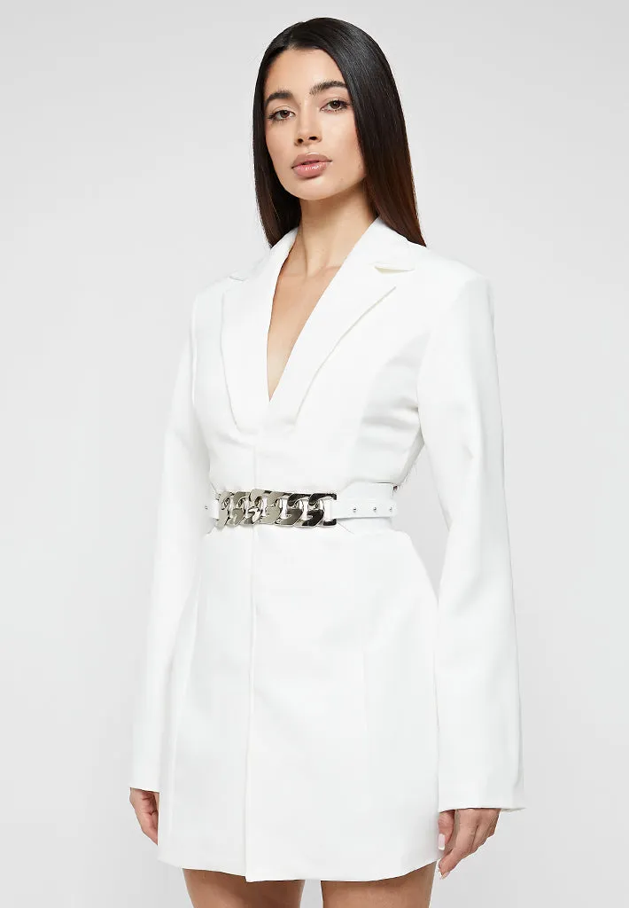 Chain Belted Blazer Dress - White
