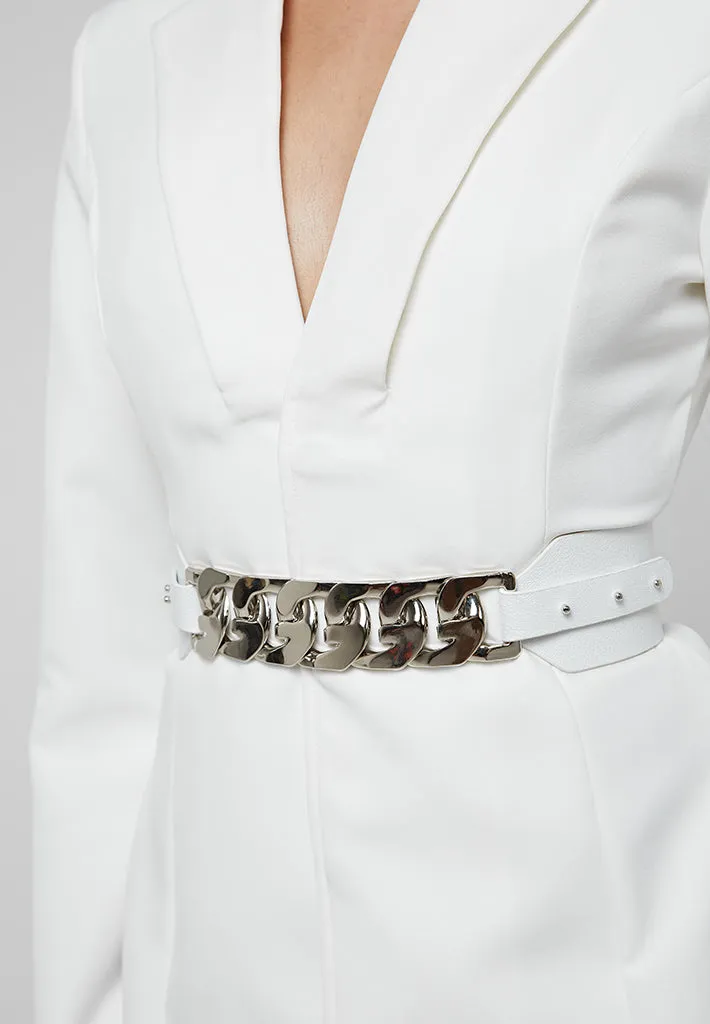 Chain Belted Blazer Dress - White