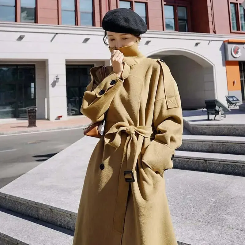 Chic Camel Wool Long Coat - Luxurious Winter Fashion Piece