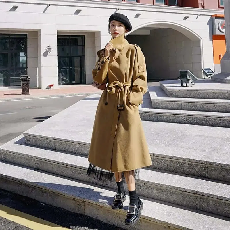 Chic Camel Wool Long Coat - Luxurious Winter Fashion Piece