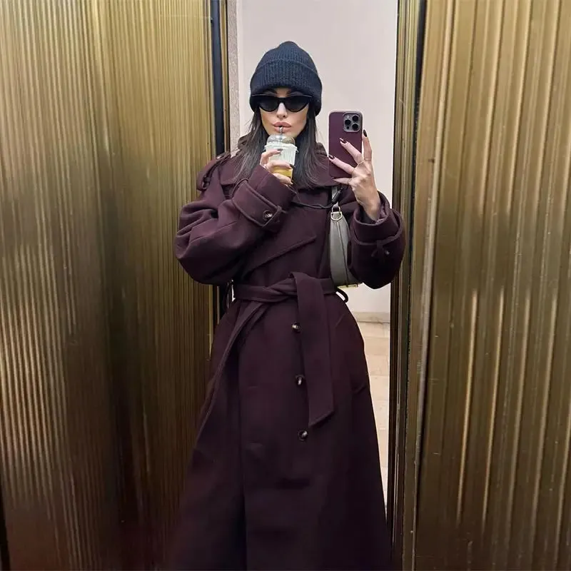 Chic elegant first lady burgundy dark grape wool trench coat with belt fall chic coat autumn coat
