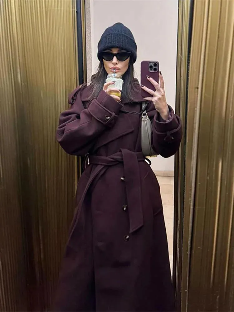 Chic elegant first lady burgundy dark grape wool trench coat with belt fall chic coat autumn coat