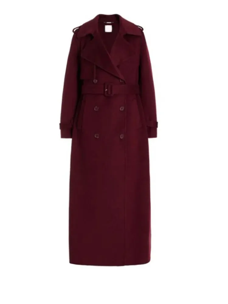 Chic elegant first lady burgundy dark grape wool trench coat with belt fall chic coat autumn coat