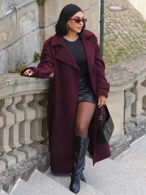 Chic elegant first lady burgundy dark grape wool trench coat with belt fall chic coat autumn coat