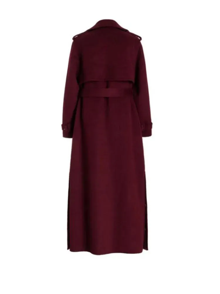 Chic elegant first lady burgundy dark grape wool trench coat with belt fall chic coat autumn coat