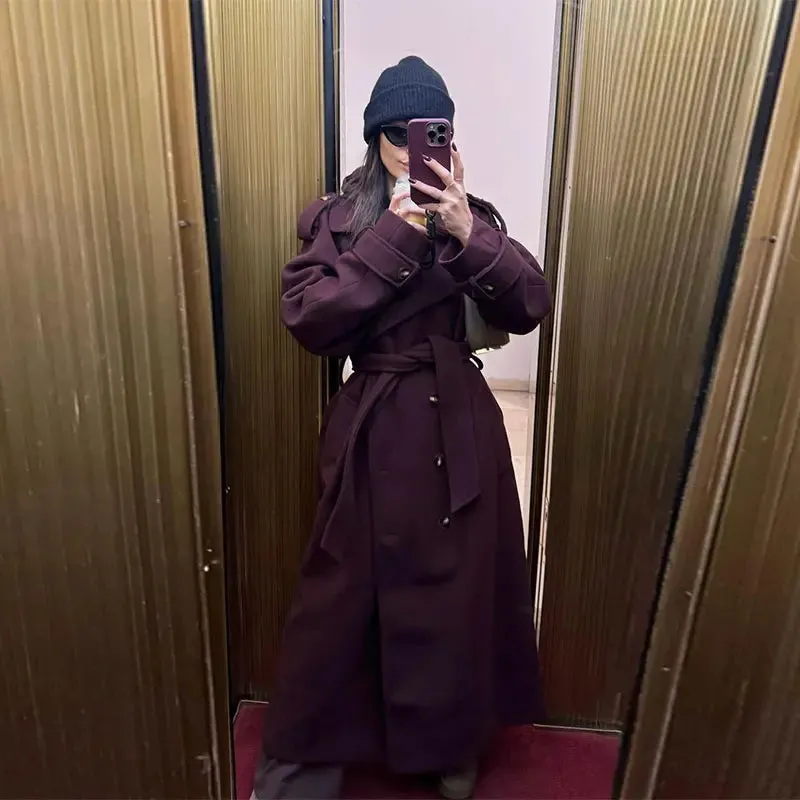 Chic elegant first lady burgundy dark grape wool trench coat with belt fall chic coat autumn coat