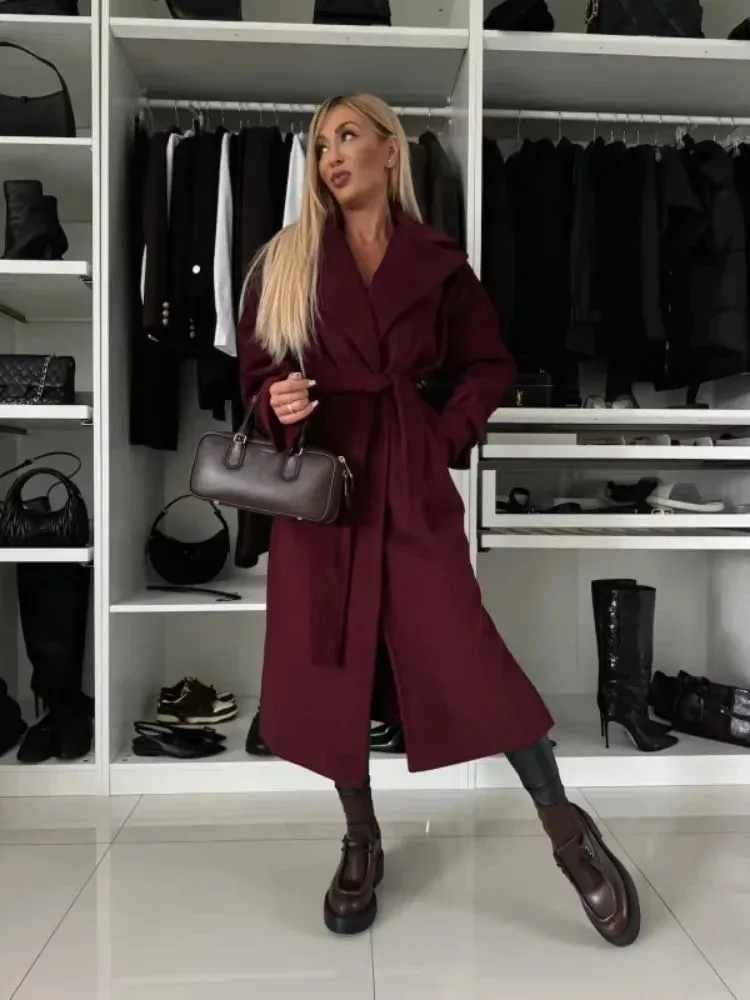 Chic elegant first lady burgundy dark grape wool trench coat with belt fall chic coat autumn coat