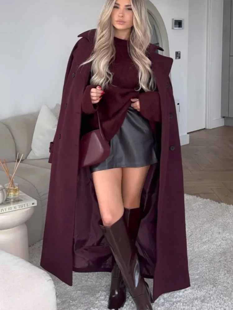 Chic elegant first lady burgundy dark grape wool trench coat with belt fall chic coat autumn coat