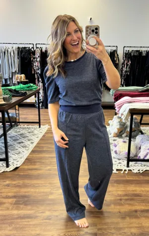 Dee - Knit Puff-Sleeved Top & Wide Pants Set - Navy