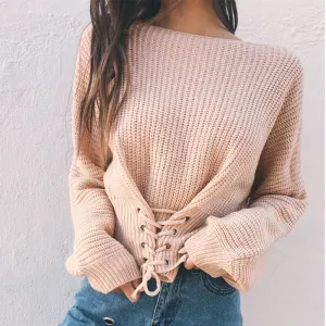 Fashion Solid O-Neck Bandage Pullover Sweater