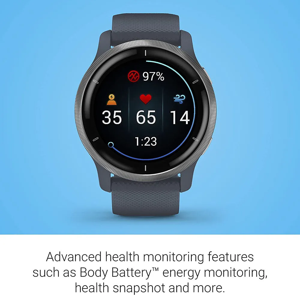 Garmin Venu 2 Silver Stainless Steel Bezel with Granite Blue Case and Silicone Band GPS Smartwatch - 010-02430-00