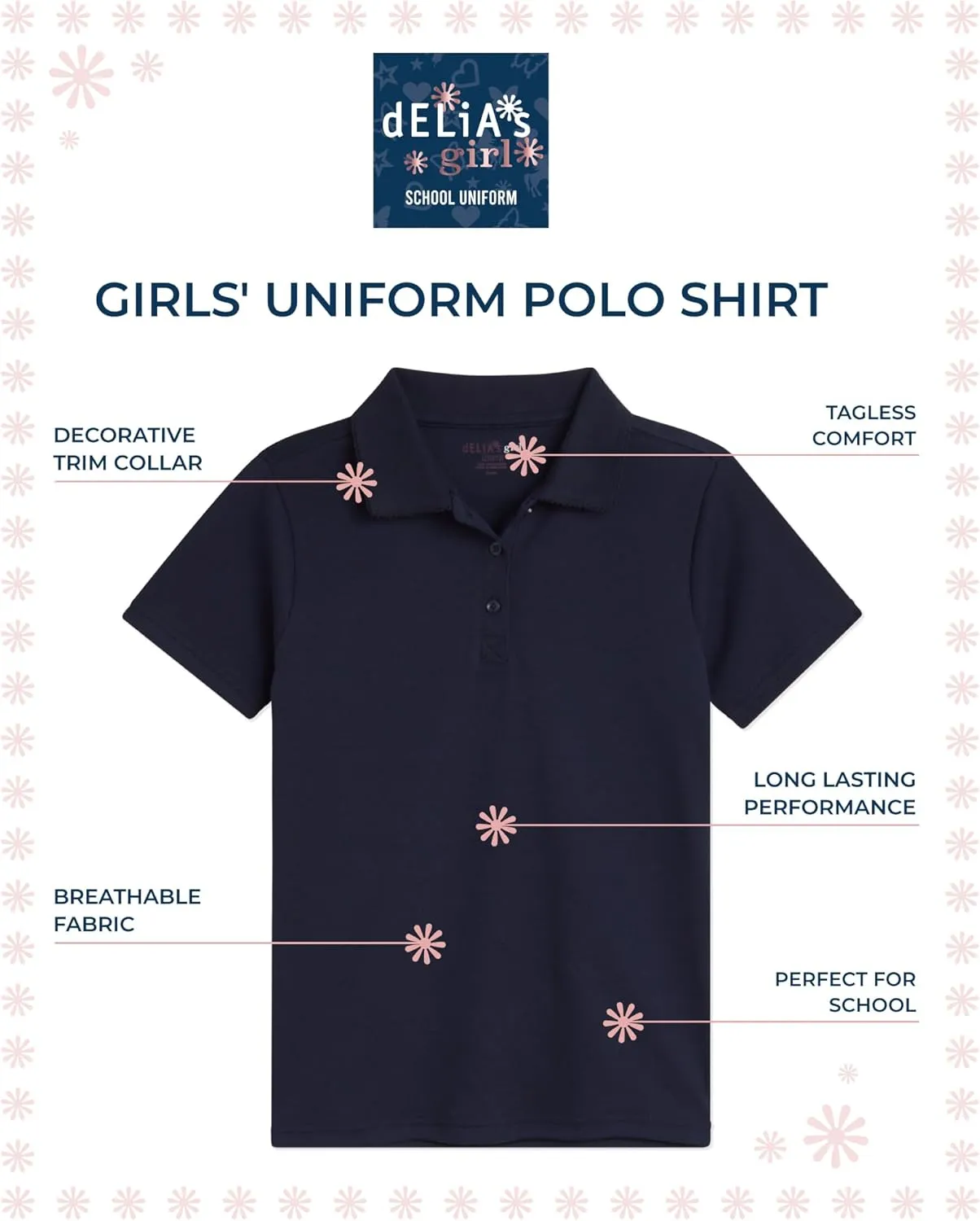 Girls' School Uniform Polo Shirt - 3 Pack Short Sleeve Picot Collar Polo - Interlock Soft Polo for Girls (4-16)