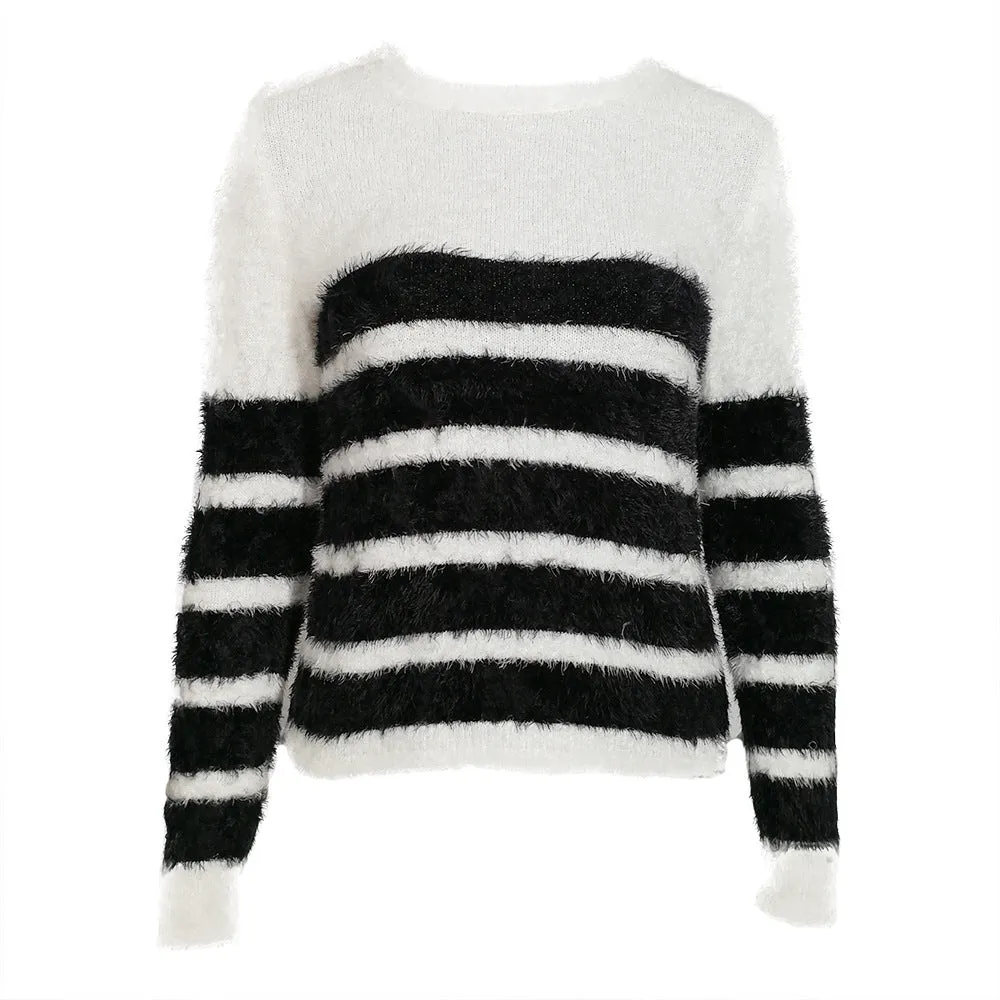 Hit Color Stripe Round Neck Sweaters