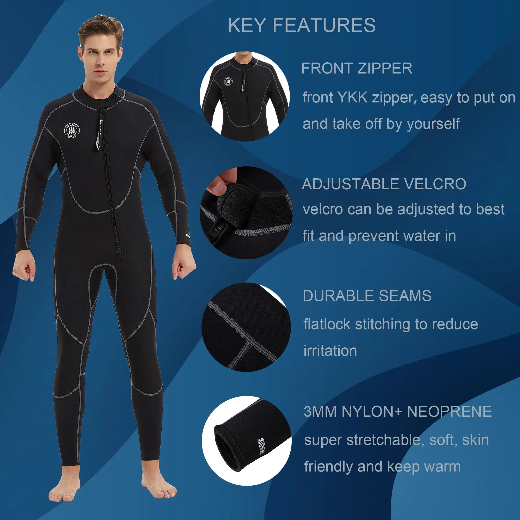 Lemorecn Men's Front Zipper Wetsuit 3MM Neoprene Snorkeling Full Body Suit Diving