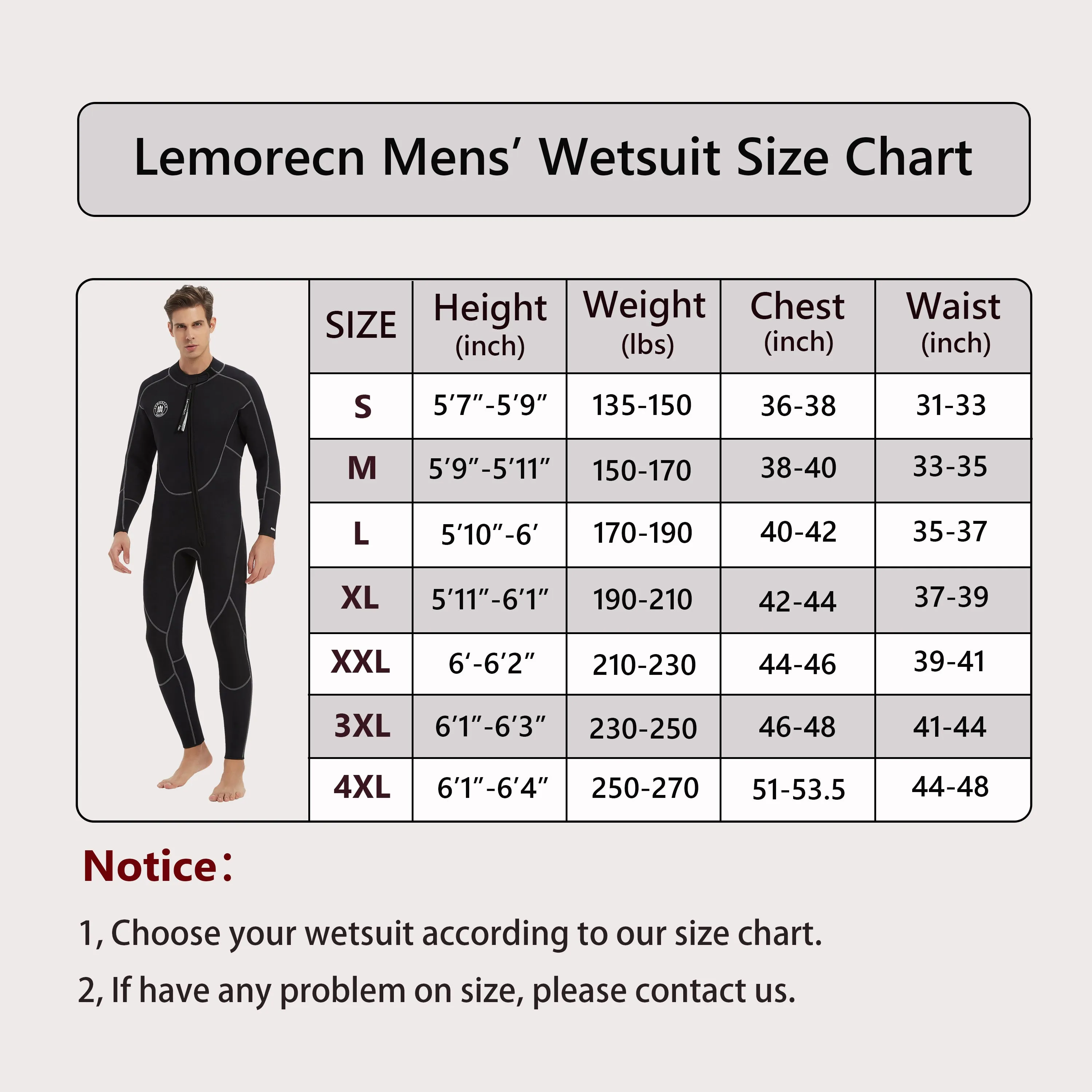 Lemorecn Men's Front Zipper Wetsuit 3MM Neoprene Snorkeling Full Body Suit Diving
