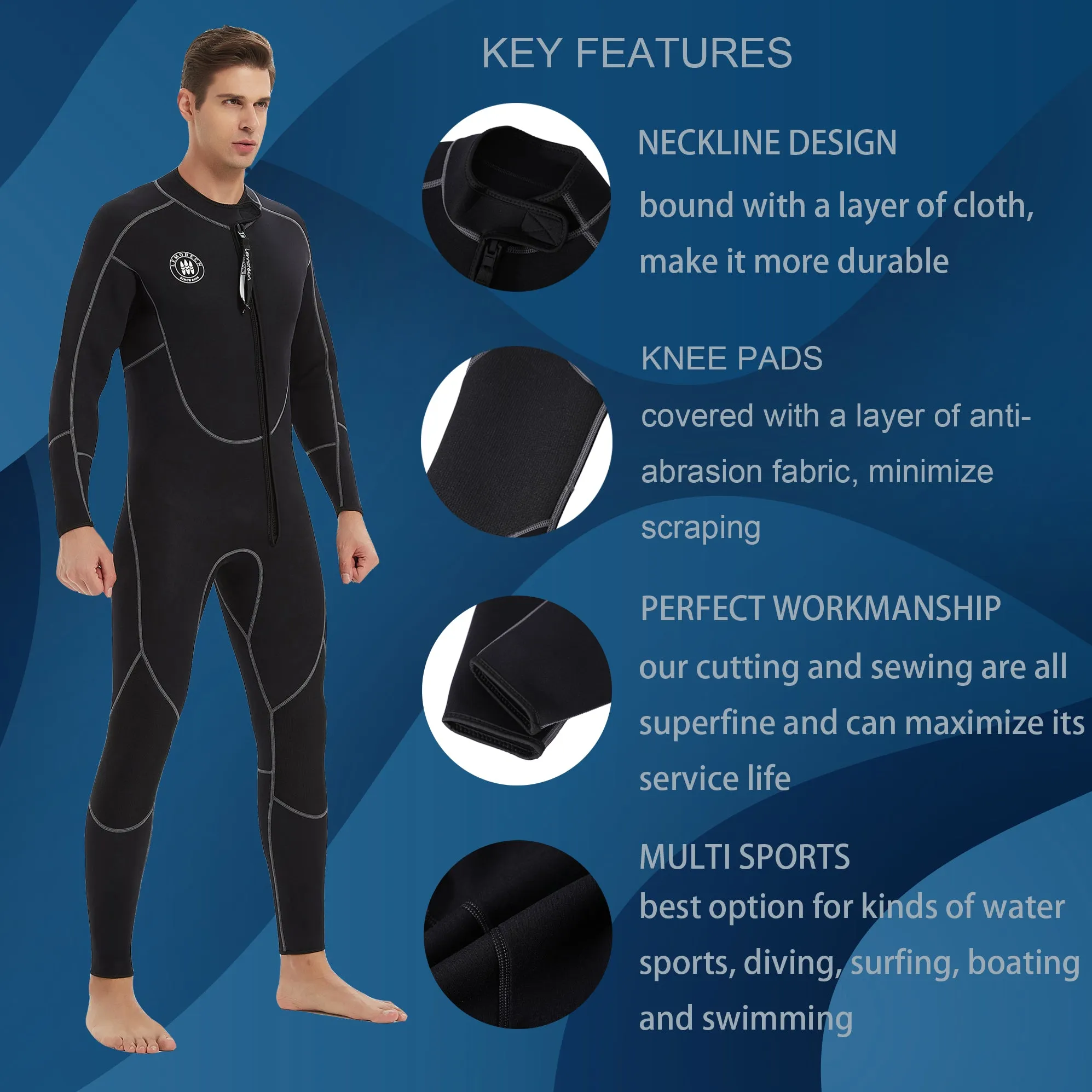 Lemorecn Men's Front Zipper Wetsuit 3MM Neoprene Snorkeling Full Body Suit Diving