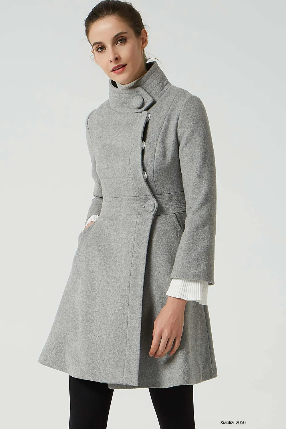 light gray wool coat, womens short winter coat 2056