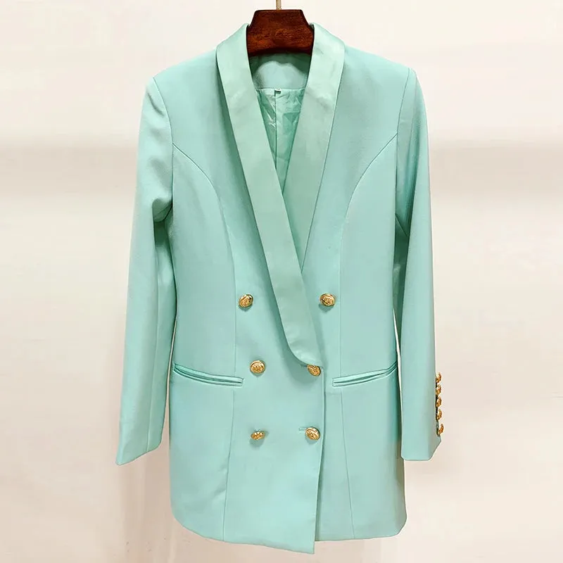 Long Sleeve Satin Collar Double Breasted Lion Buttons Notched Blazer Dress
