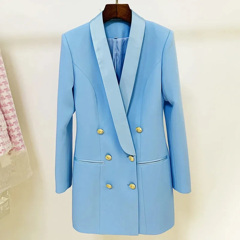 Long Sleeve Satin Collar Double Breasted Lion Buttons Notched Blazer Dress