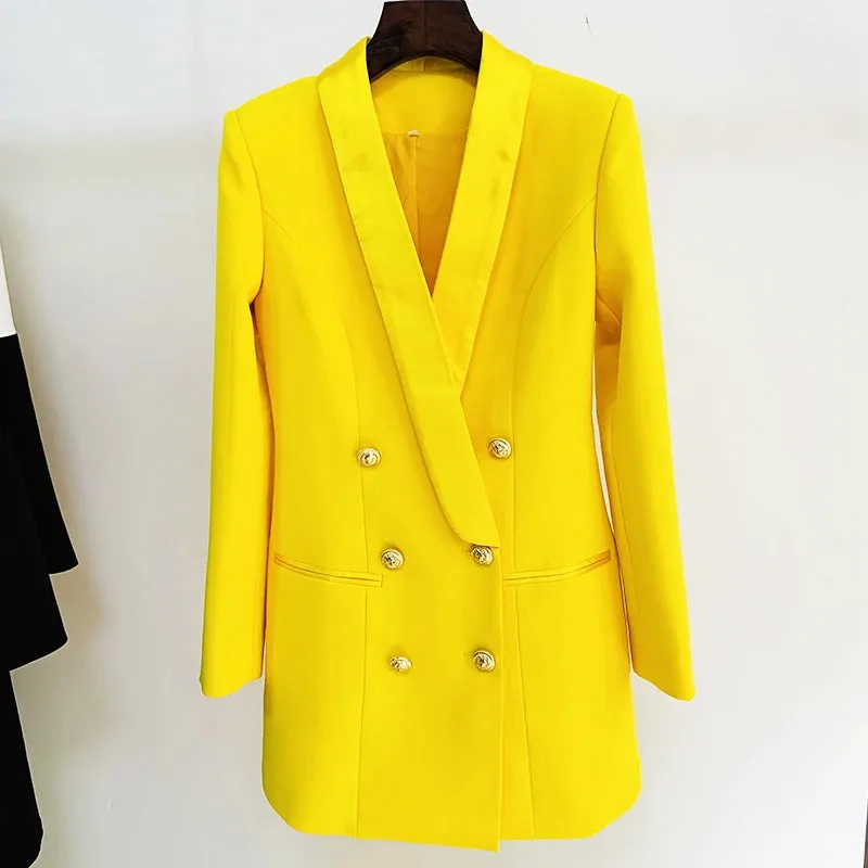 Long Sleeve Satin Collar Double Breasted Lion Buttons Notched Blazer Dress