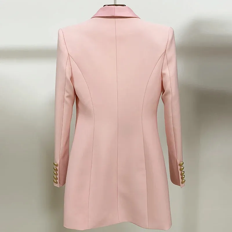 Long Sleeve Satin Collar Double Breasted Lion Buttons Notched Blazer Dress