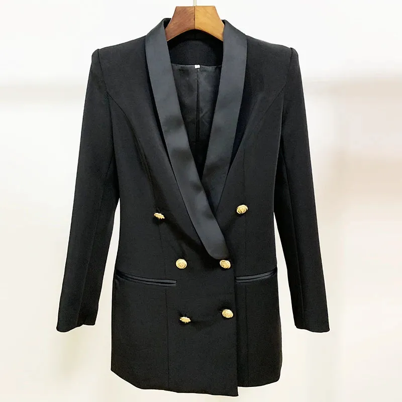 Long Sleeve Satin Collar Double Breasted Lion Buttons Notched Blazer Dress